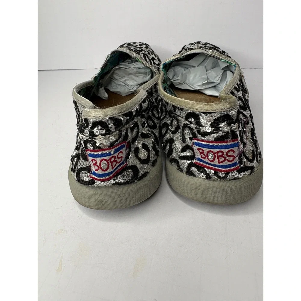 Skechers‎ Bobs Womens Leopard Sequin Slip On Flats Silver Black SN 85040L Size 6